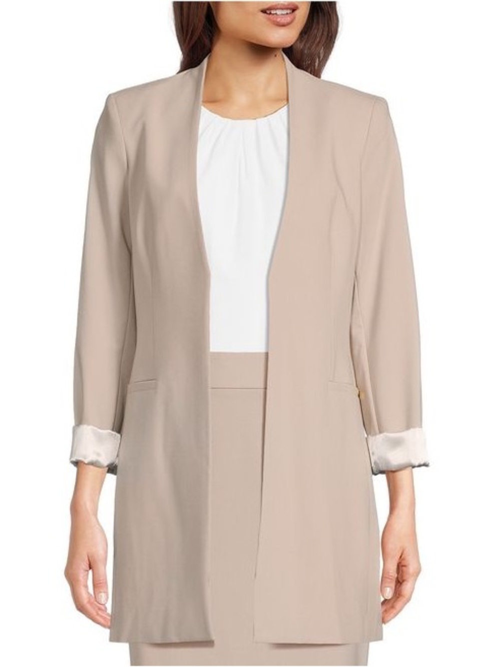 Calvin Klein Long Open Front Blazer Jacket Beige 3/4 Sleeve Size 12 NWT